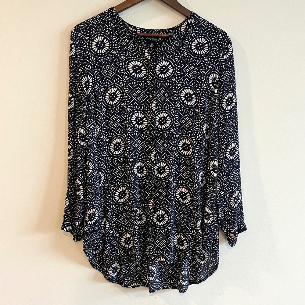 Lucky Brand Navy Medallion Print Long Sleeve Blouse Top Size M